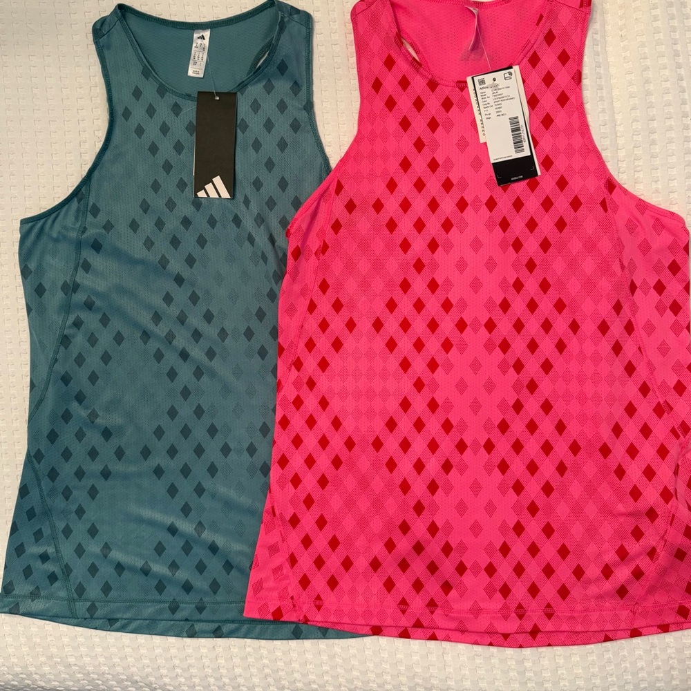 2 Women’s Adidas Sleeveless Athletic Tanks in Green & Pink Diamond Pattern - Sm